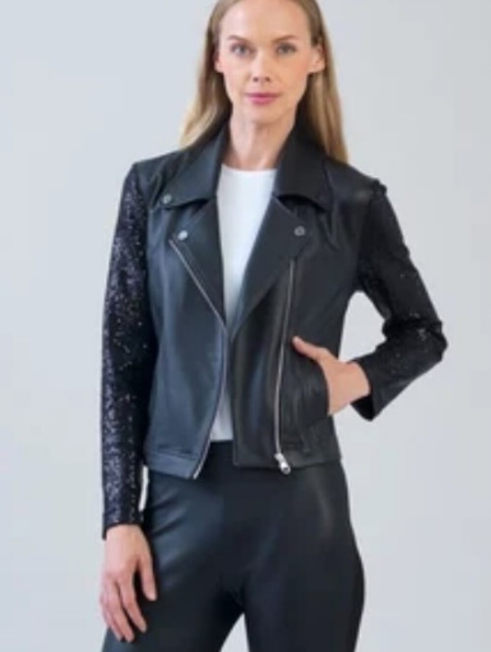 Clara Sun Woo Sequin Knit - Liquid Leather Sheen Moto Jacket Size XS